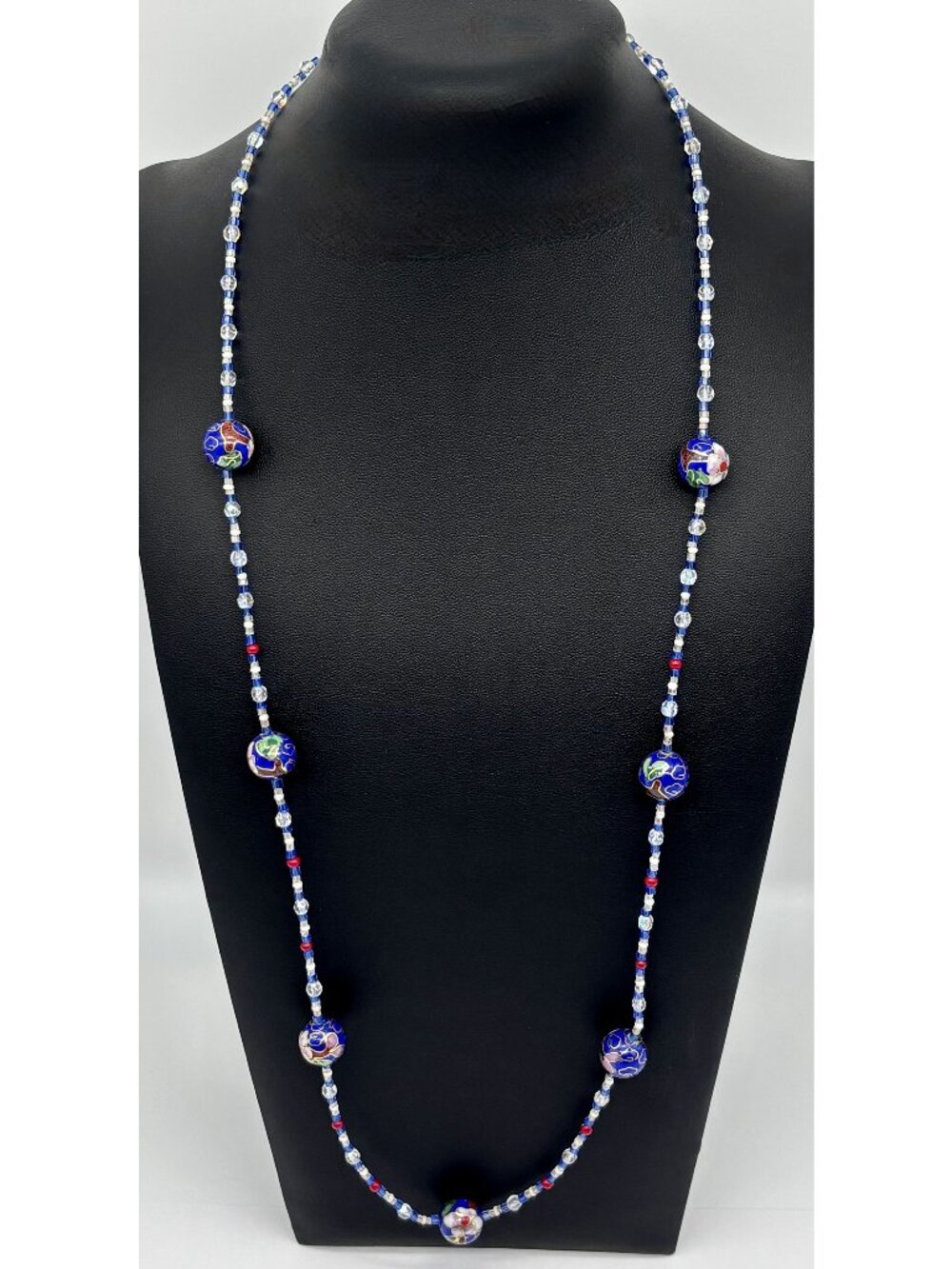 Vintage Cloisonne Beaded Long Necklace Blue Green Red Gold Unbranded 30 Inches L